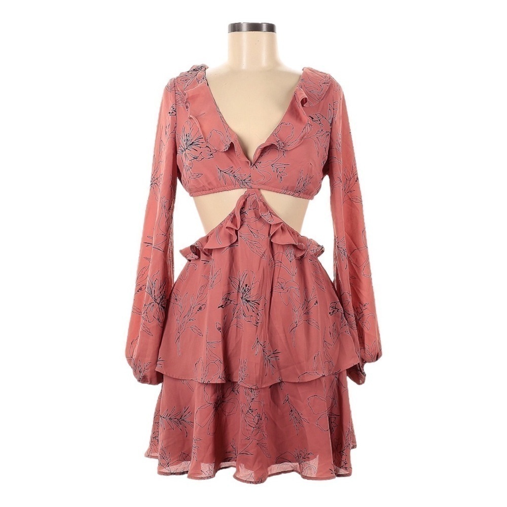 Open Edit Pink Floral Cutout Mini Dress NWT M Long Sleeve Ruffle Tiered Boho